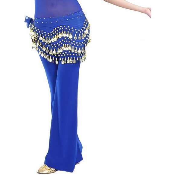 Women's Belly Dance Hip Scarf with 128 Gold Coins Blue Skirt for Zumba or Yoga - Picture 4 of 6